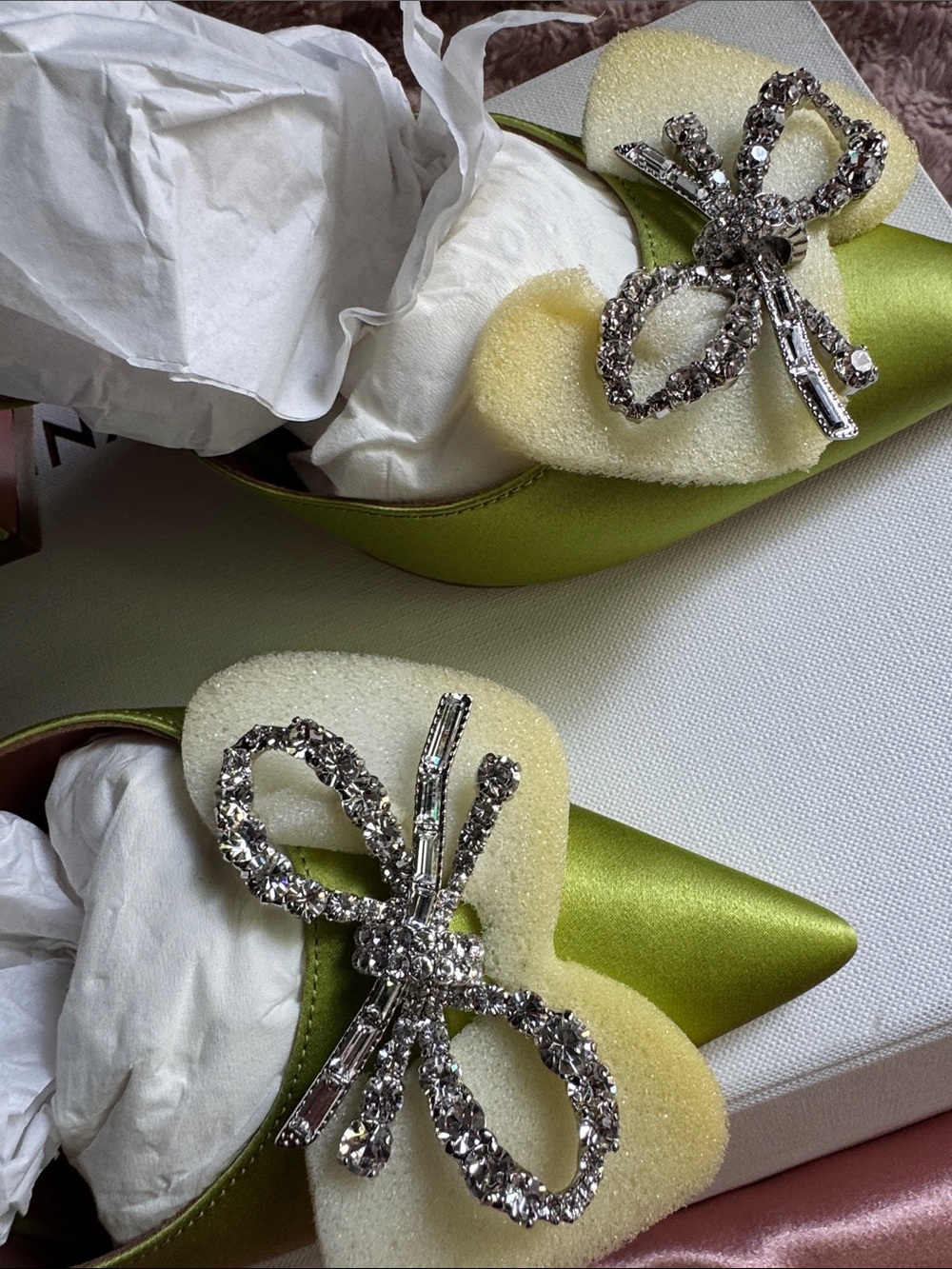 Amina Muaddi Lime Green Satin Crystal Bow Slingback begum cloth mules - Picture 10 of 12